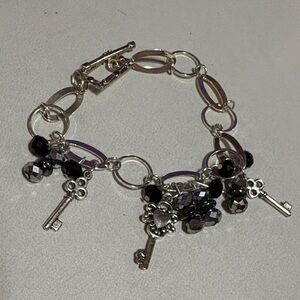 Silver Bracelet with Black Beads & Key Charms
